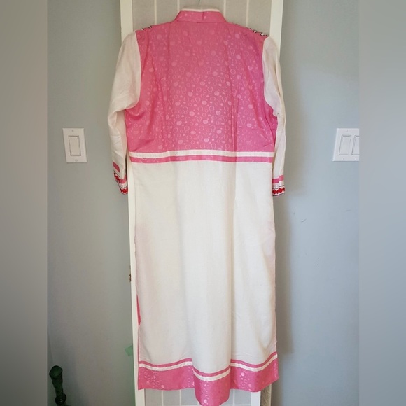 Hand Embroidered Long Cotton Silk Pink and White Dress - Picture 8 of 10